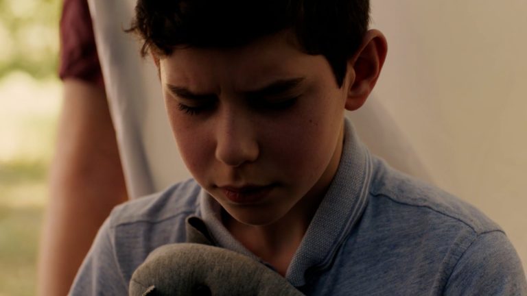 Young boy embraces elephant toy